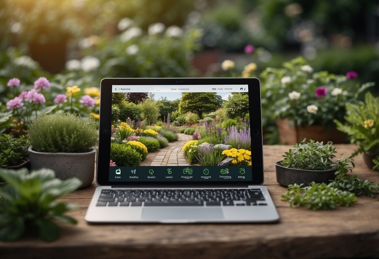 Lush garden with blooming flowers, neatly arranged pathways, and a variety of plants. A tablet or smartphone displaying "Garden Manager" app with garden design ideas