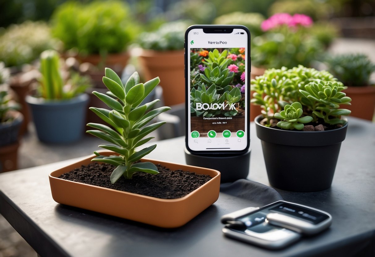 A vibrant Vera plant sits on a sleek Bloomscape planter, surrounded by gardening tools and a smartphone displaying the Bloomscape app for garden ideas