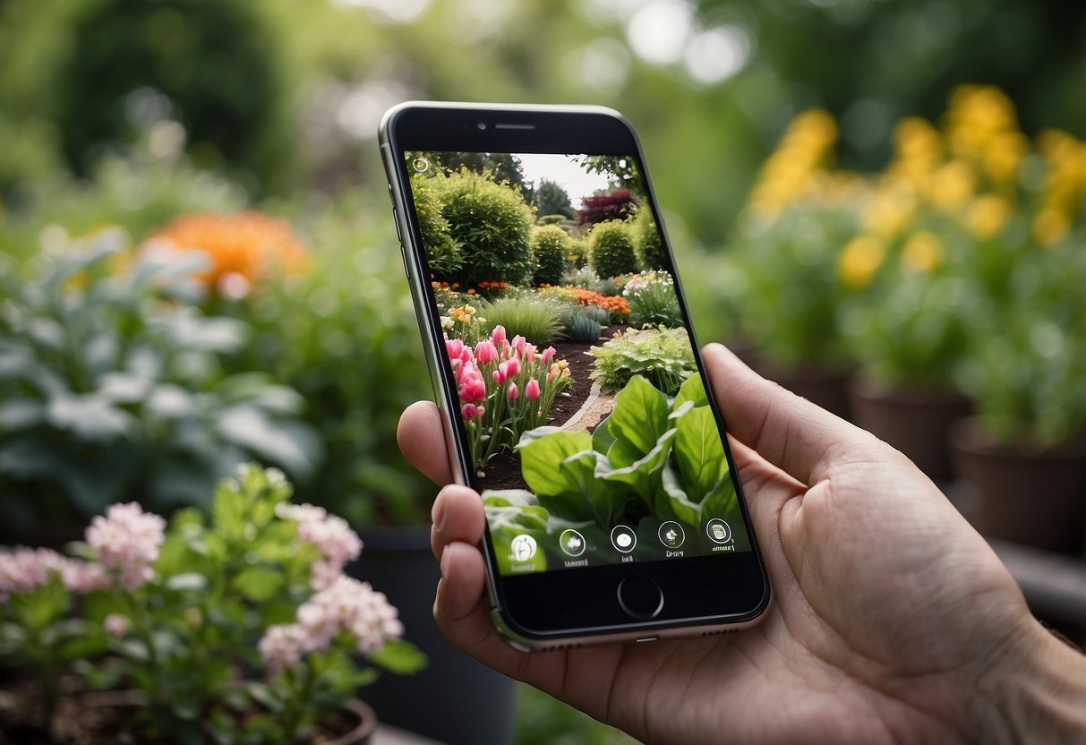 A lush garden with blooming flowers, green shrubs, and a variety of vegetables, with a smartphone displaying a garden app featuring design ideas and plant care tips