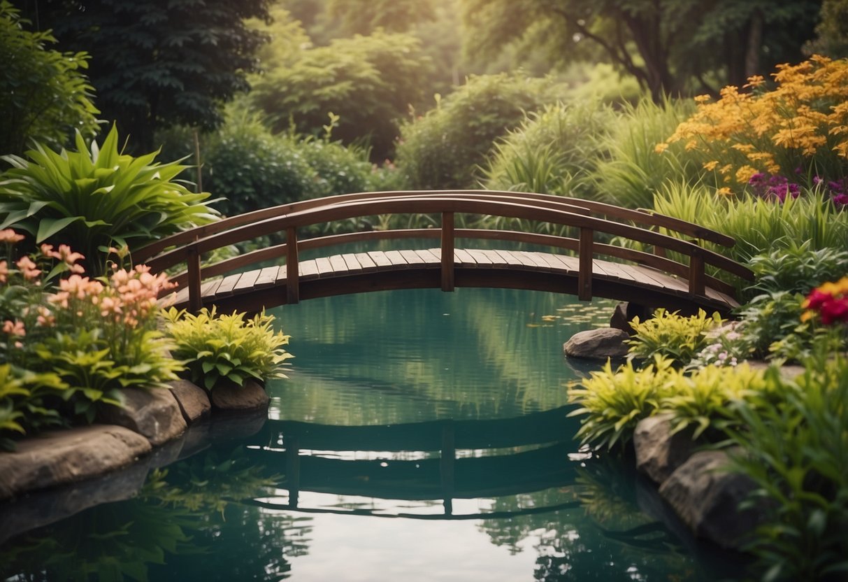 A tranquil koi fish pond surrounded by lush greenery and colorful flowers, with a wooden bridge crossing over the clear water