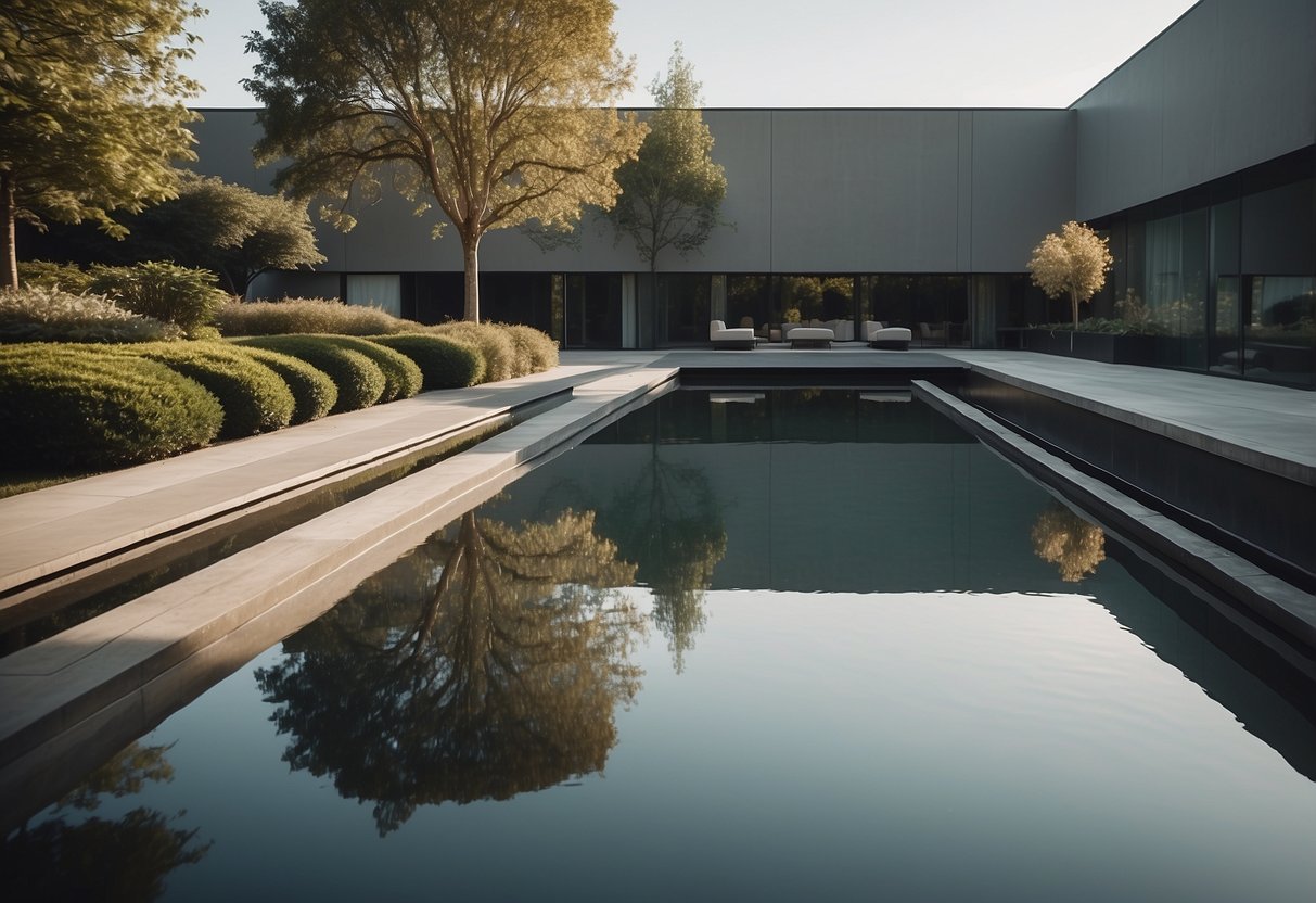 A sleek, rectangular pond with clean lines and minimalistic landscaping. Surrounding it, a simple, modern garden with geometric shapes and a serene, Zen-like atmosphere