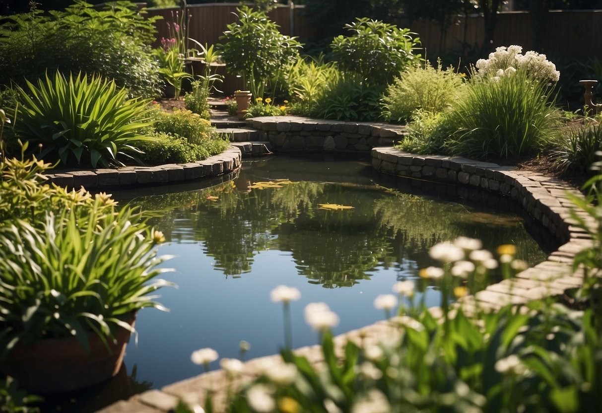 Lush aquatic plants surround an above ground garden pond, creating a serene and natural oasis