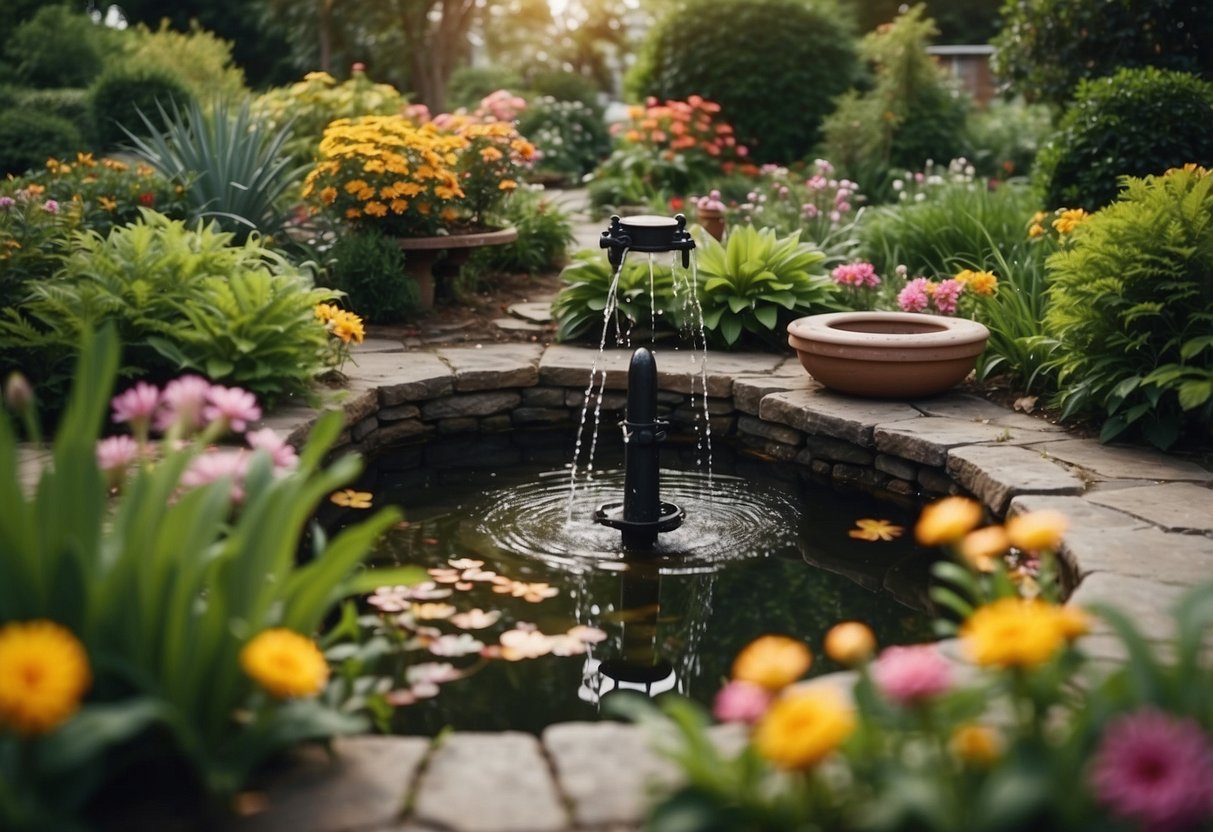 A tranquil pond nestled in a corner garden, surrounded by lush greenery and colorful flowers, with a small fountain bubbling in the center