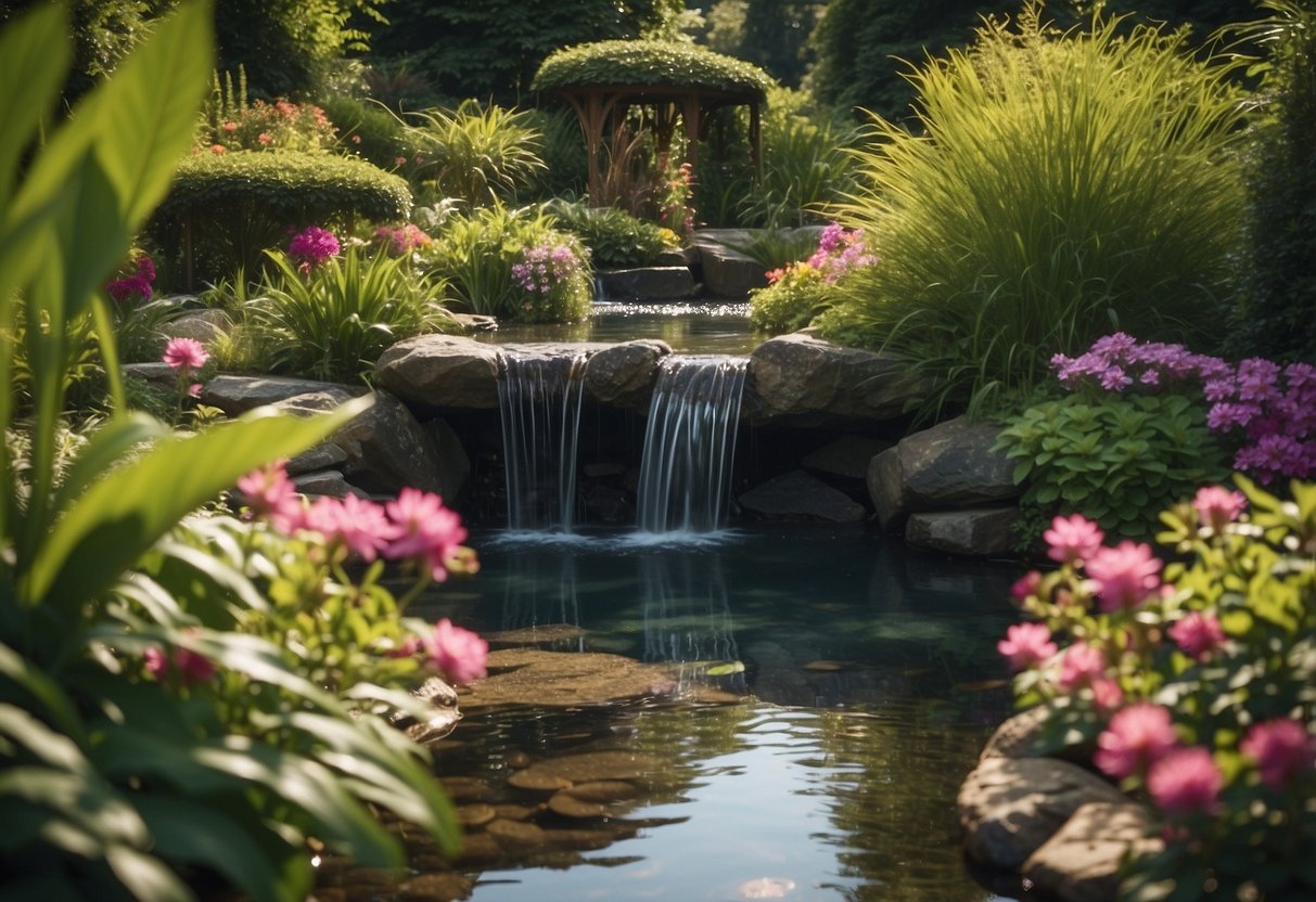 A serene stone pond nestled in a lush garden, surrounded by vibrant plants and flowers, with a gentle waterfall cascading into the clear water