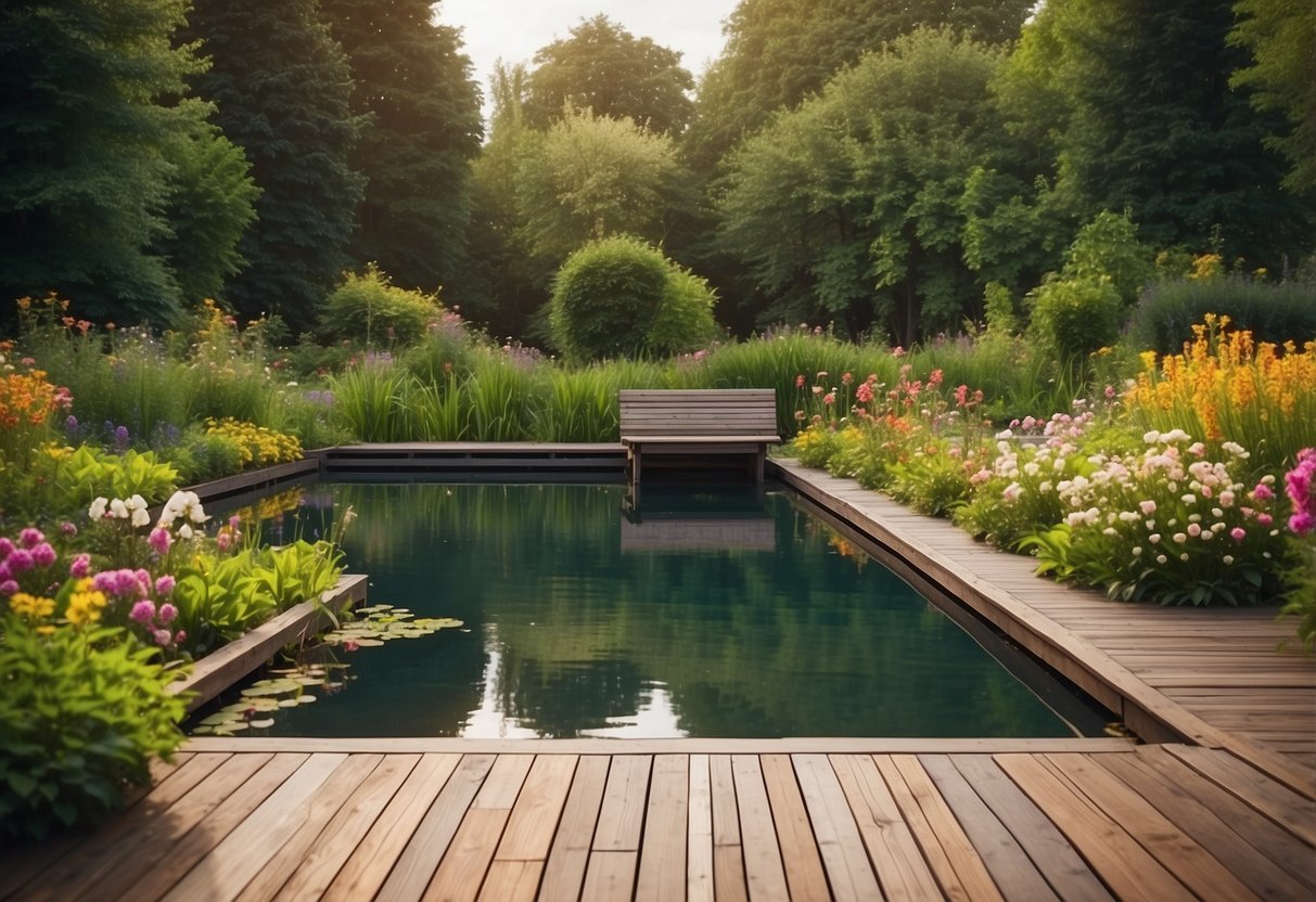 A serene garden pond surrounded by lush greenery and colorful flowers, with a wooden deck and seating area nearby