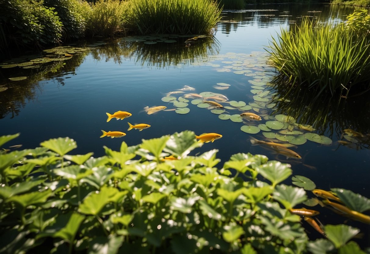 Lush green plants surround a clear, tranquil pond teeming with colorful fish. Sunlight filters through the leaves, creating dappled patterns on the water's surface