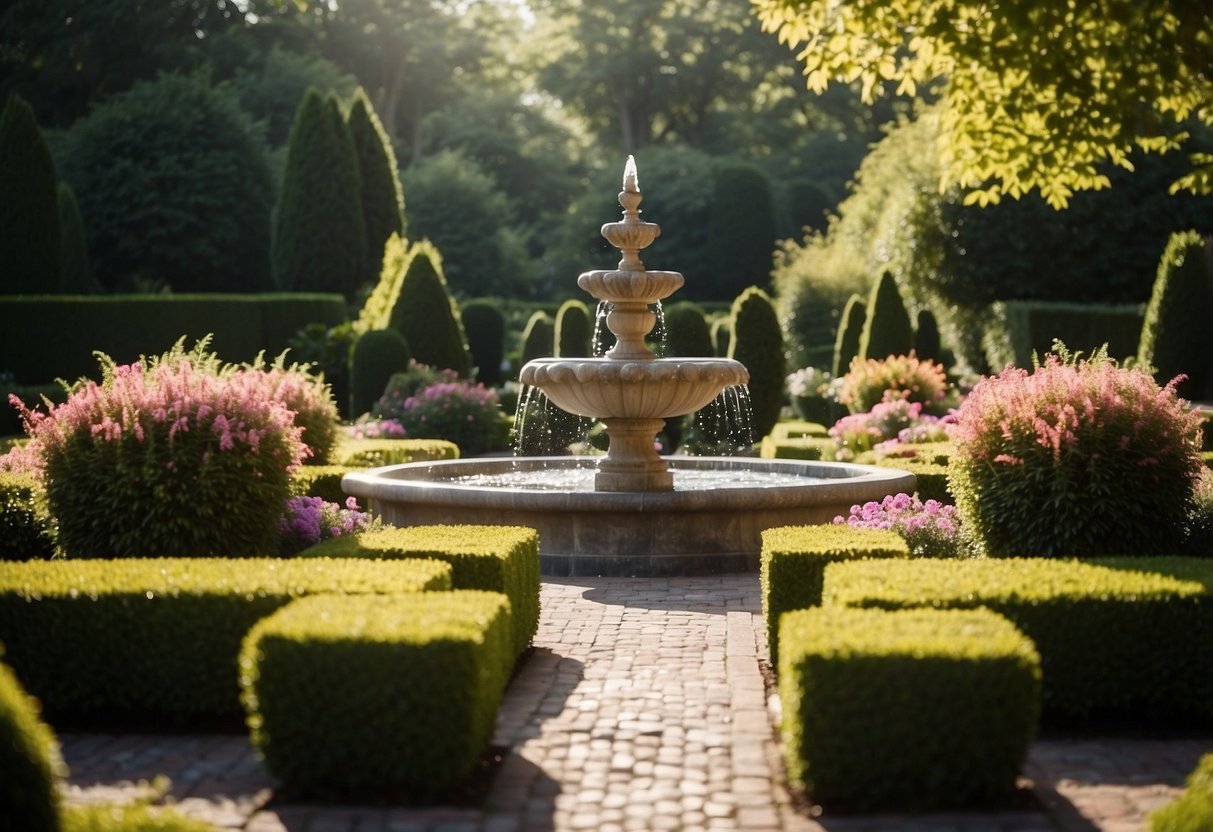 Lush garden with colorful flowers, neatly trimmed hedges, and a bubbling fountain. Sunlight filters through the trees, casting dappled shadows on the manicured lawn