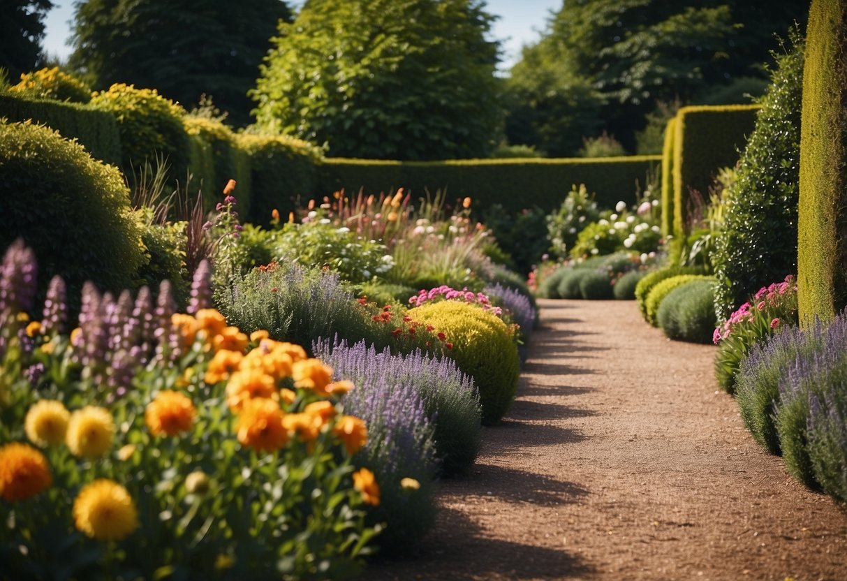 A lush English garden with colorful flowers and neatly trimmed hedges, featured in a garden idea magazine