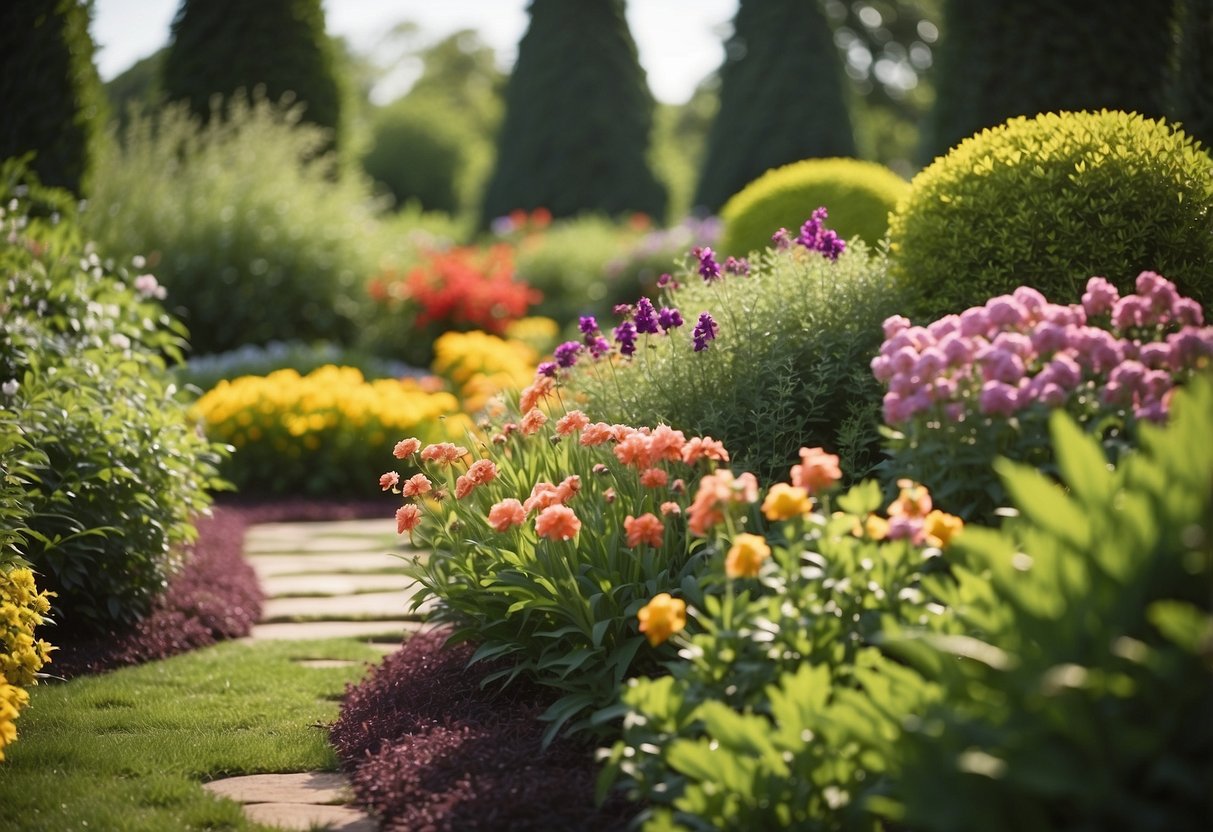 A lush garden with colorful flowers, neatly trimmed hedges, and a variety of plants featured in The American Gardener magazine