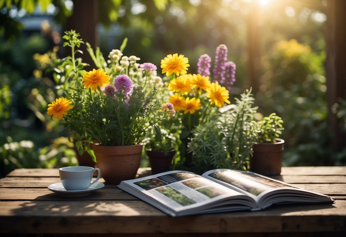 Lush garden with vibrant flowers, herbs, and vegetables. Magazines scattered on a rustic wooden table. Sunlight filtering through the leaves