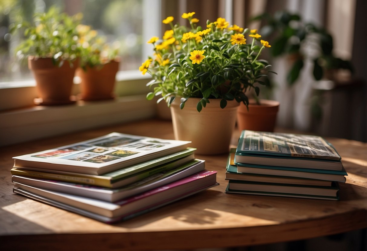 Vibrant garden magazines displayed on a wooden table, surrounded by potted plants and gardening tools. Sunlight streaming through a nearby window illuminates the colorful pages