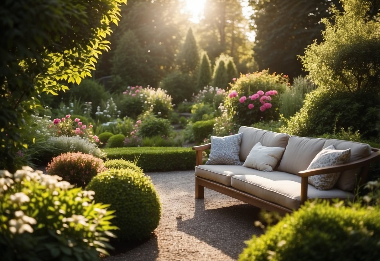 Lush garden with vibrant flowers, neatly trimmed hedges, and a variety of plant species. A cozy seating area surrounded by greenery. Bright sunlight filters through the trees