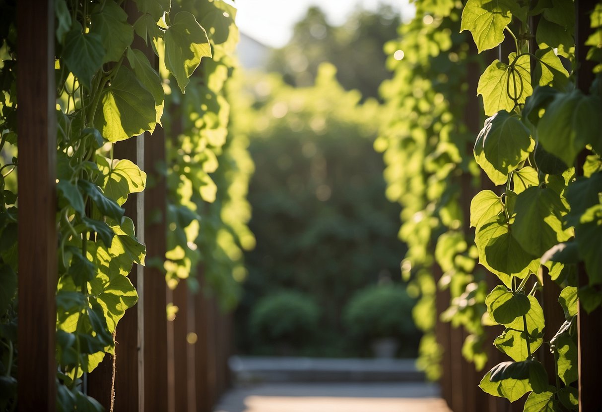 A tall, wooden trellis stands in a garden, adorned with lush, winding bitter melon vines. The sun casts dappled shadows on the vibrant green leaves, creating a serene and inviting atmosphere