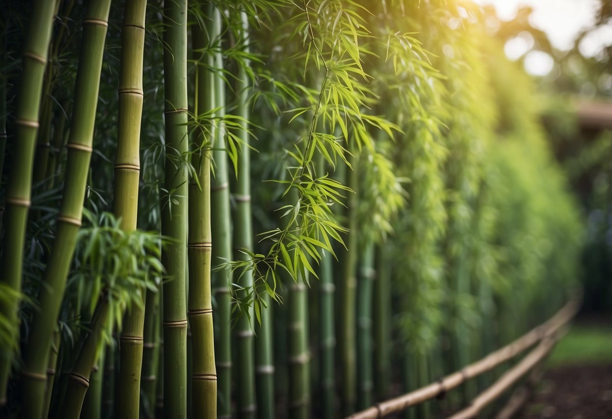 A bamboo A-frame trellis supports thriving ampalaya vines in a lush garden setting