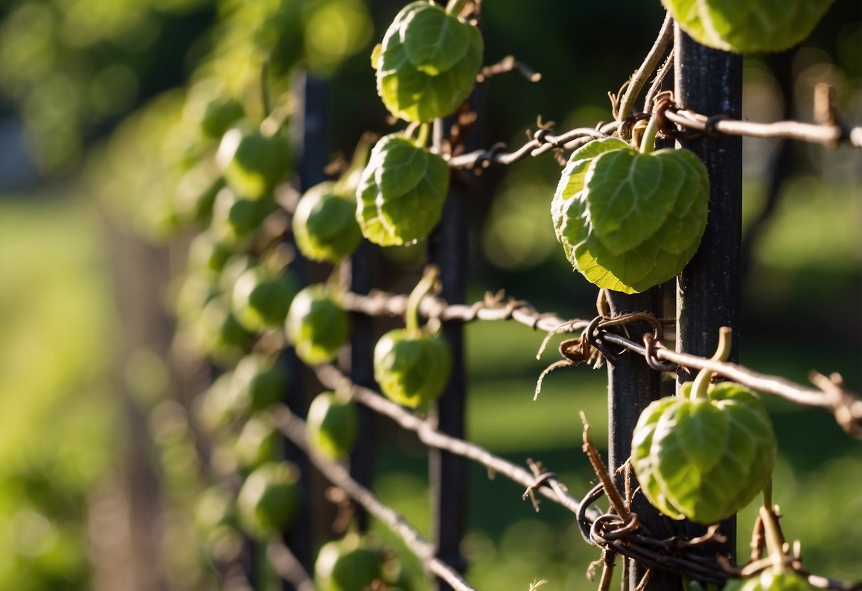 A repurposed wire fencing trellis supports thriving ampalaya vines in a lush garden setting