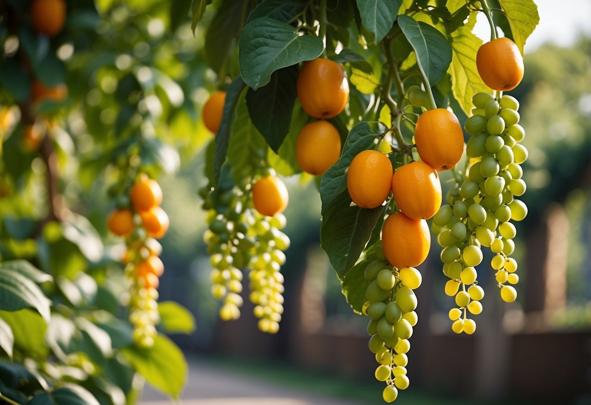 A vibrant ampalaya garden bathed in ample sunshine, with lush green vines and vibrant orange fruits hanging from the trellis