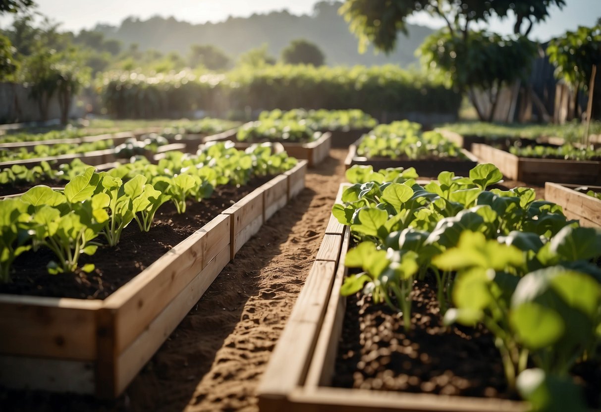 A garden with raised beds, filled with ampalaya plants. The beds are designed to improve drainage, with soil neatly contained within wooden frames