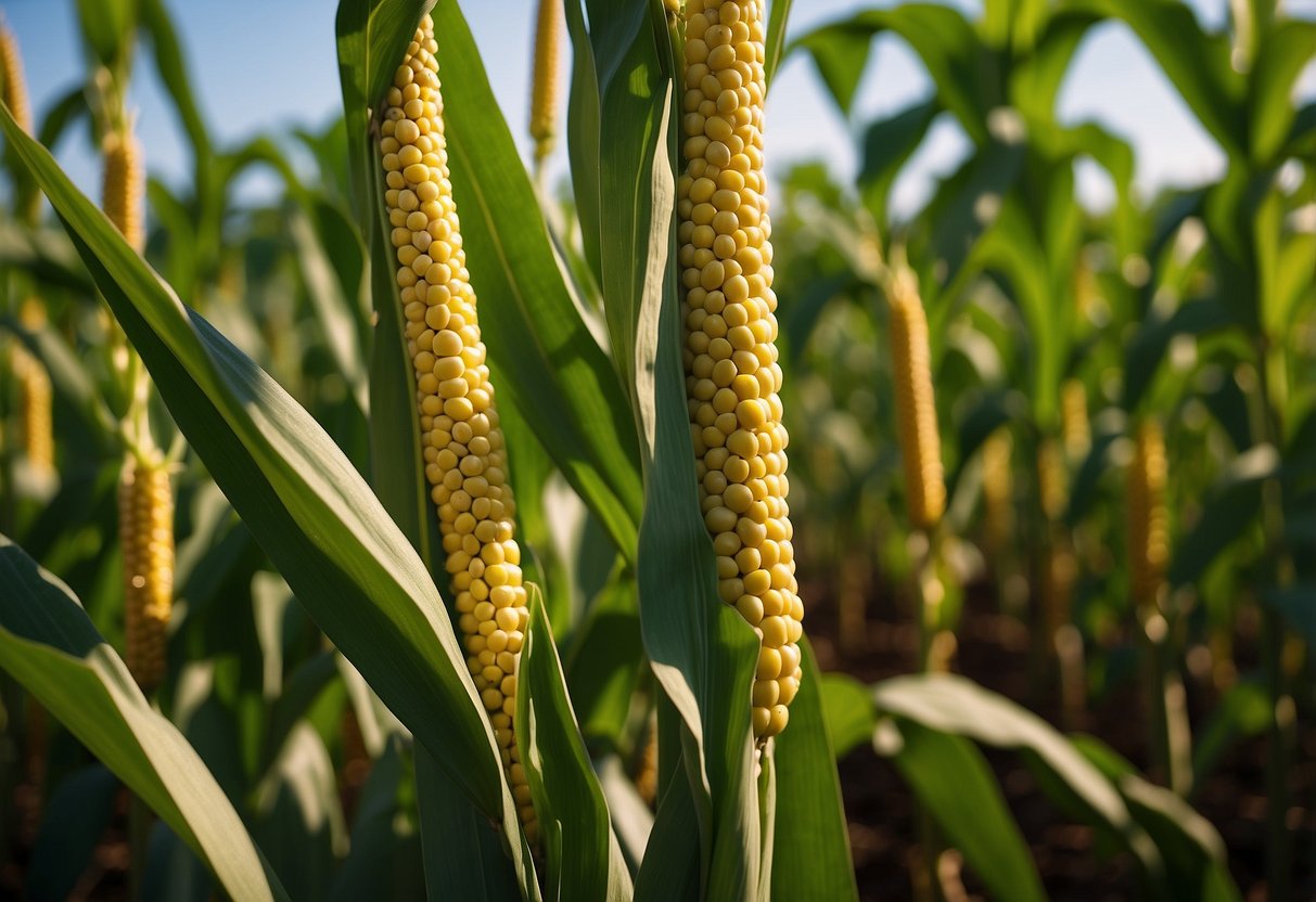 Corn stalks intertwined with ampalaya vines, creating a lush garden scene with a harmonious mix of green leaves and golden ears of corn