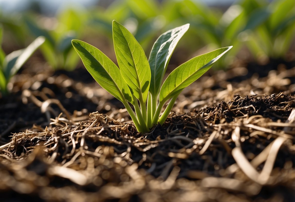 A garden scene with ampalaya plants surrounded by organic mulch, such as compost and straw, creating a natural and nourishing environment for healthy growth