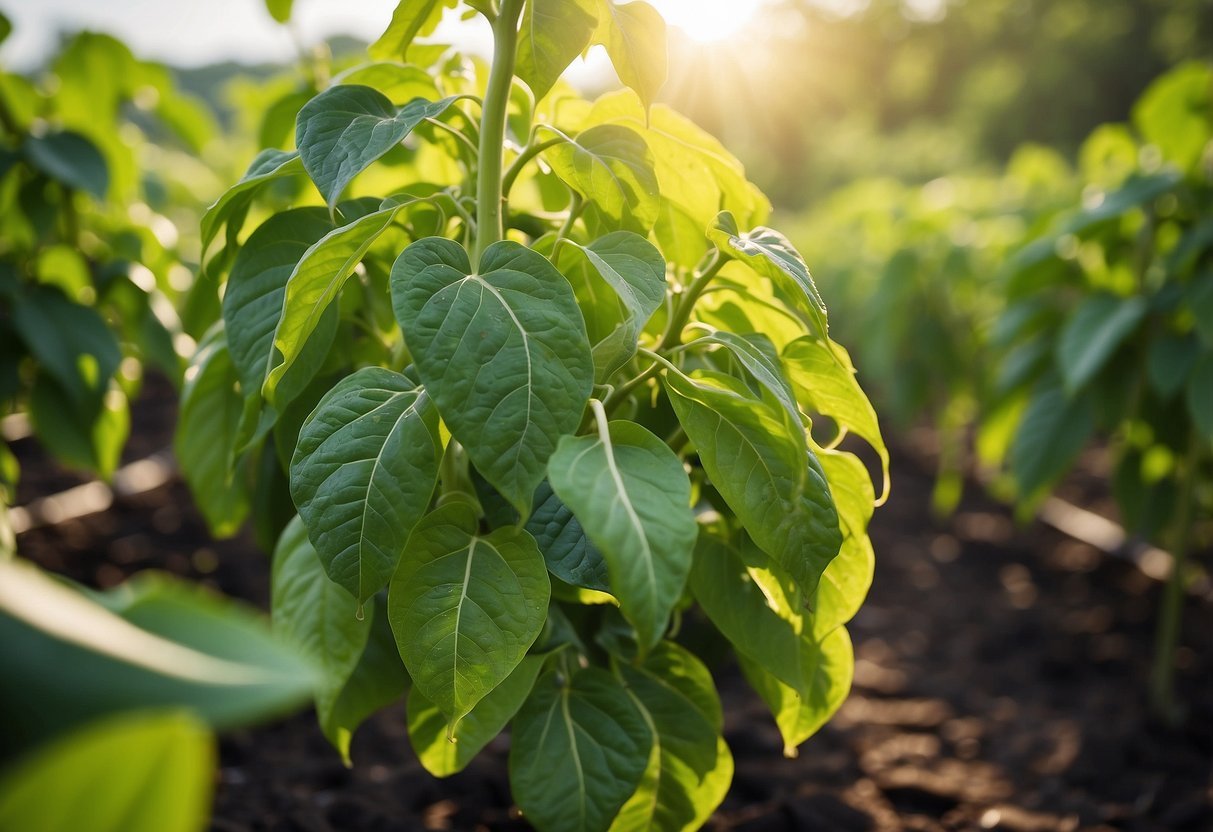 Vibrant ampalaya vines thrive in nutrient-rich soil with organic fertilizer. Lush green leaves and tendrils spread across the garden, showcasing the benefits of natural fertilizers for healthy plant growth