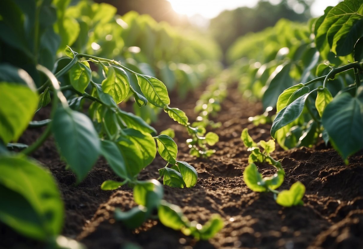 A sprawling ampalaya garden with a drip irrigation system watering the lush green vines