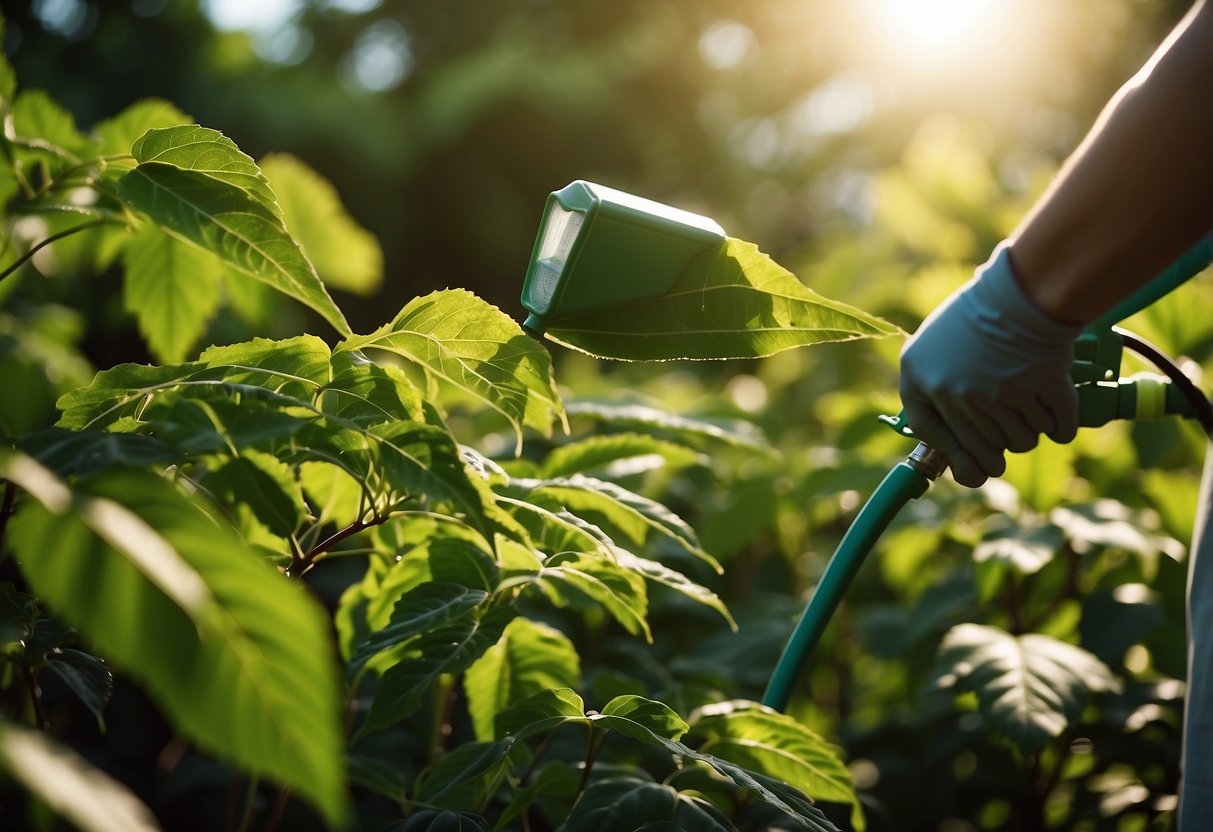 A garden sprayer applies neem oil to ampalaya plants, warding off pests. Lush green foliage surrounds the garden, with sunlight filtering through the leaves