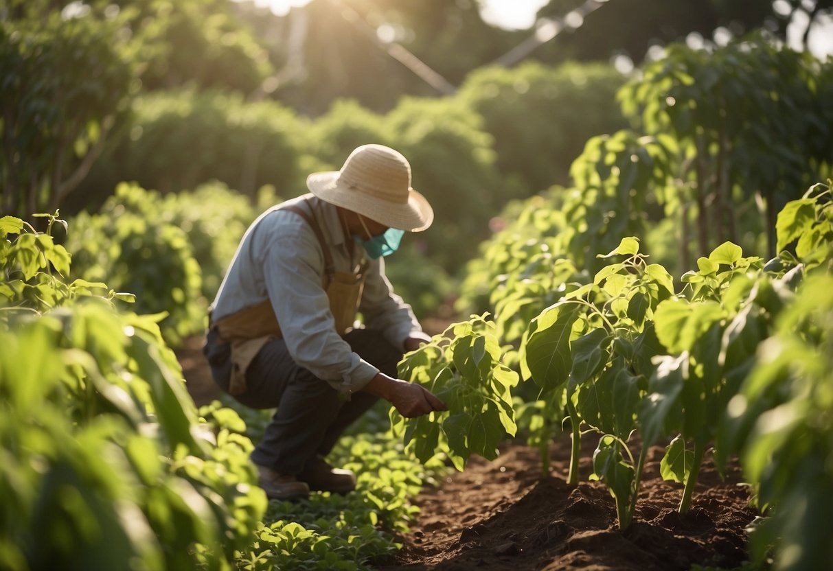 Lush ampalaya vines climb trellises in a sun-drenched garden, yielding vibrant green fruits. Bees buzz among the flowers, while a gardener tends to the thriving plants