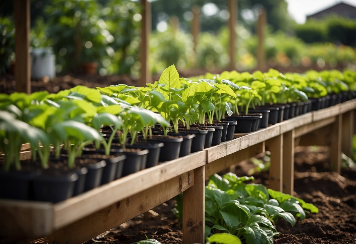 A neatly organized ampalaya garden with trellises, mulched soil, and labeled plant markers. A watering can and gardening tools are placed nearby