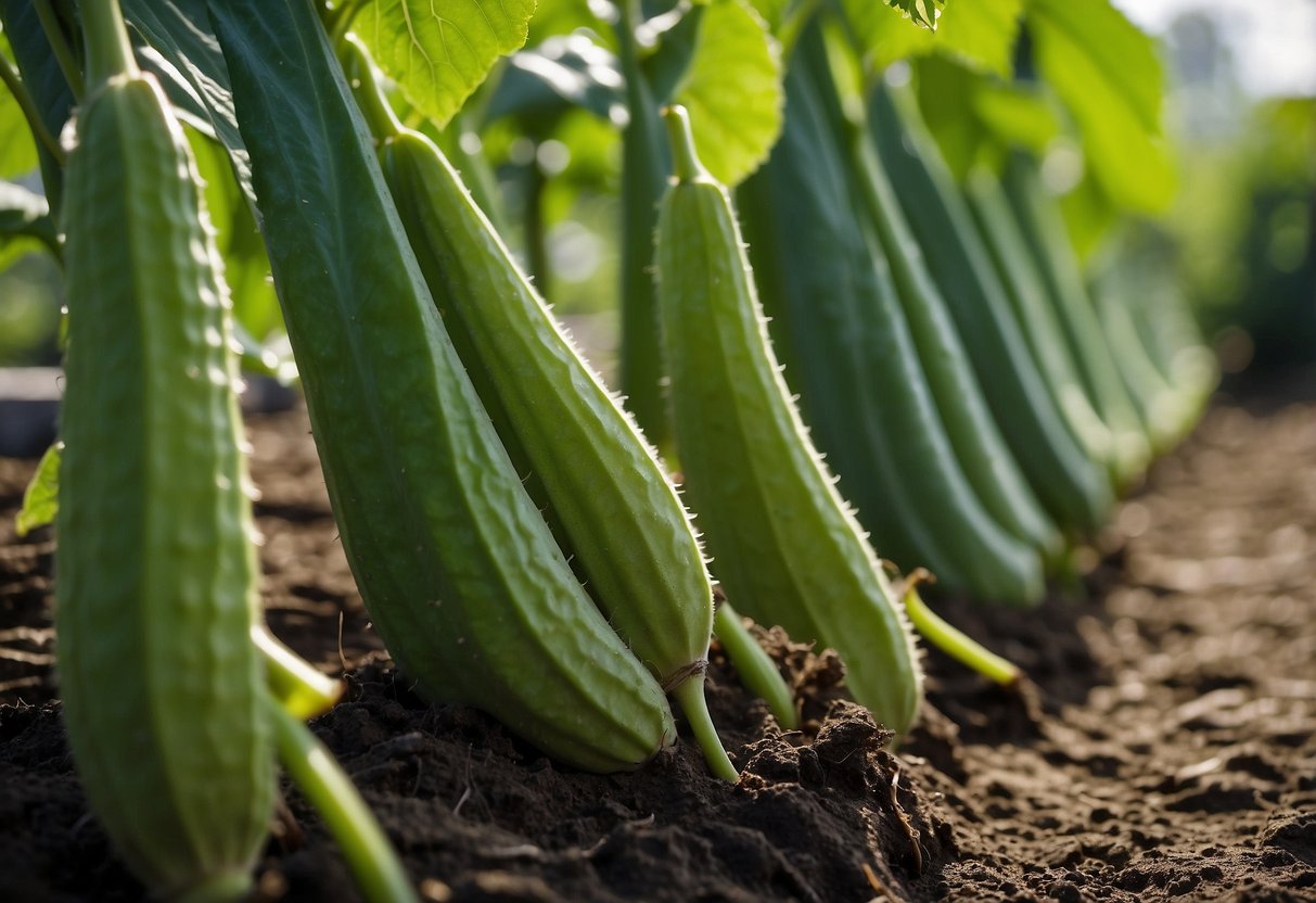 A flourishing ampalaya garden with trellises, ripe fruits, and lush green leaves, surrounded by mulch and well-maintained soil