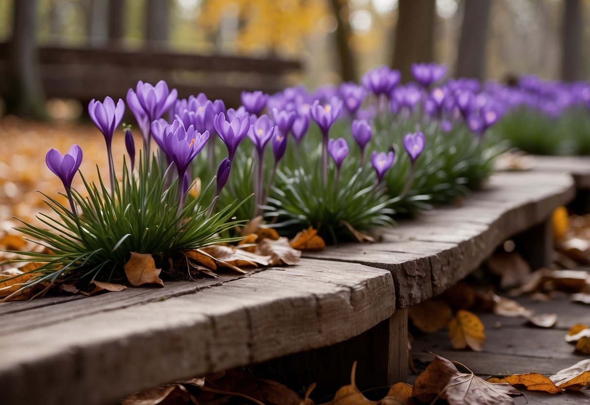 Vibrant purple crocuses bloom among fallen leaves in a cozy autumn garden, with a rustic wooden bench and a charming stone pathway