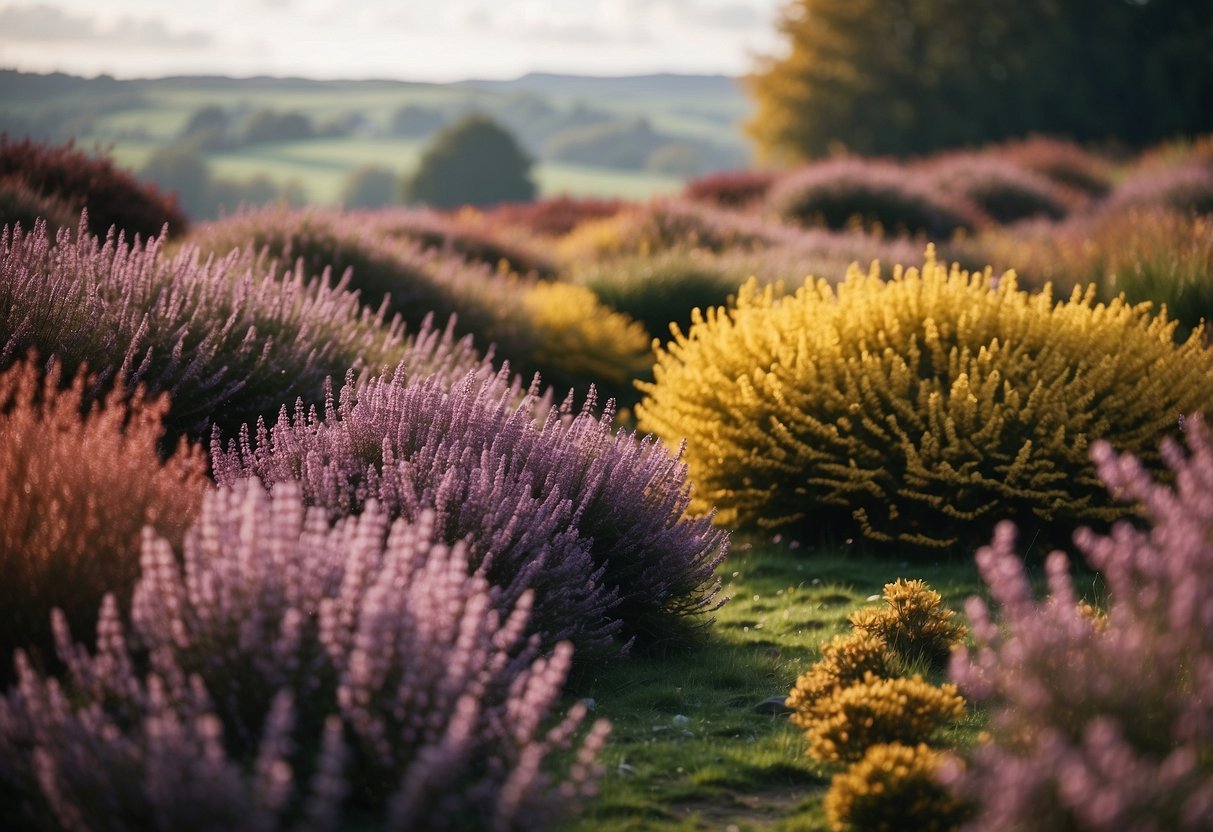 A garden filled with winter heather, surrounded by colorful autumn foliage, with a backdrop of a rustic English countryside