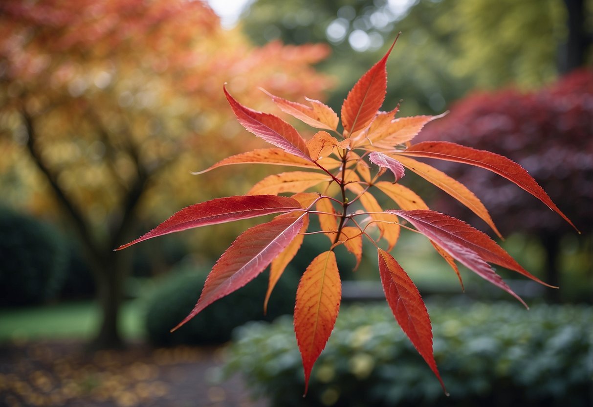 A Japanese Maple tree stands in a UK garden, surrounded by fallen leaves and vibrant autumn colors