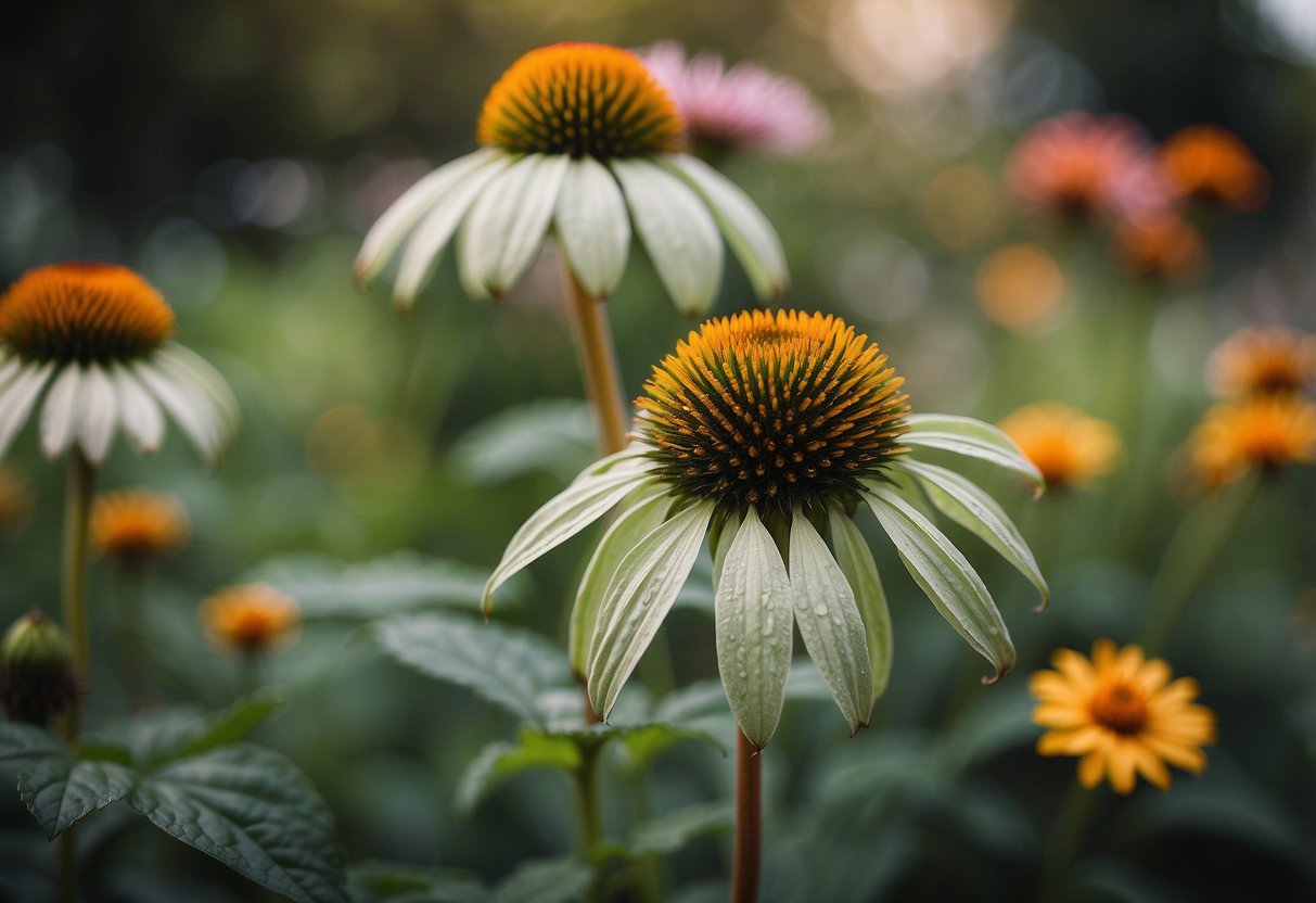 Lush green Echinacea 'Green Envy' blooms in a cozy autumn garden, surrounded by vibrant fall foliage and nestled among other seasonal flowers