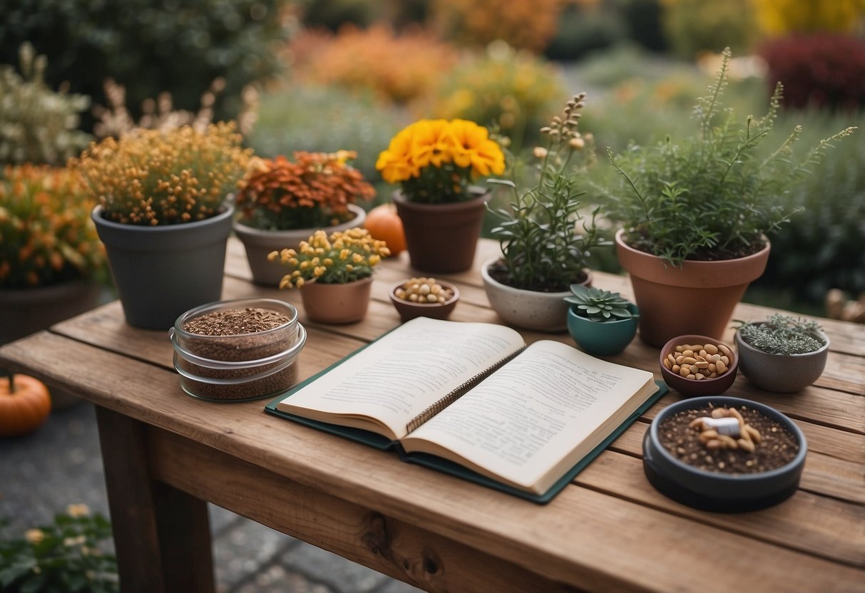 A garden table with notebooks, seed packets, and gardening tools. Surrounding it are colorful autumn plants and trees