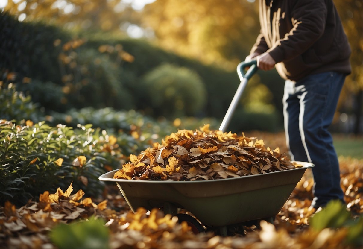 Leaves are being raked into neat piles, while a wheelbarrow is filled with fallen branches. A gardener prunes back overgrown plants, creating a tidy and well-maintained autumn garden