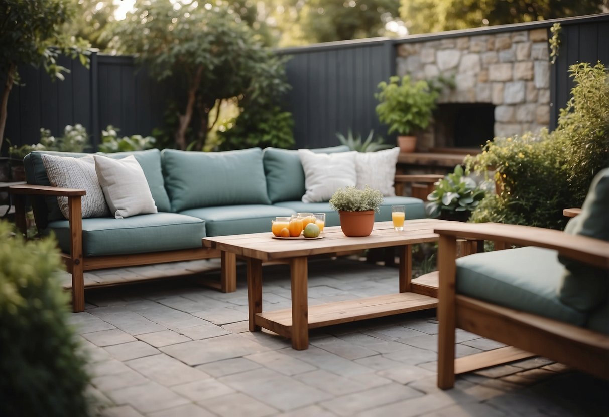 A cozy outdoor sofa set surrounded by a garden, bar, and BBQ area