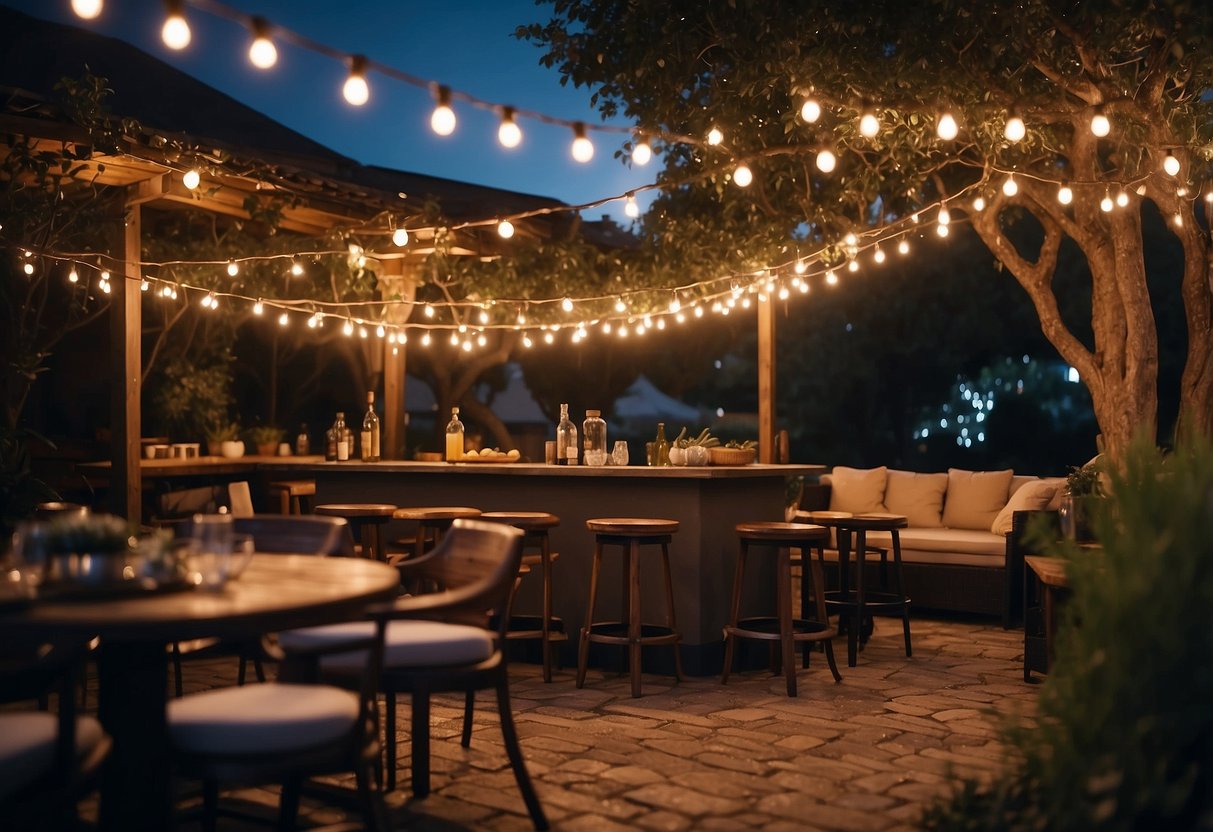 A garden bar with hanging string lights, BBQ grill, and seating area under a starry night sky