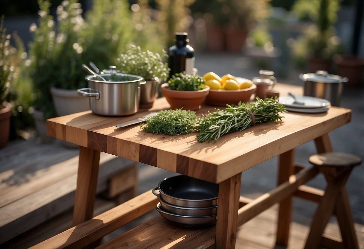 Wooden cutting boards arranged on a rustic outdoor bar, surrounded by potted herbs and grilling utensils for a cozy garden BBQ scene