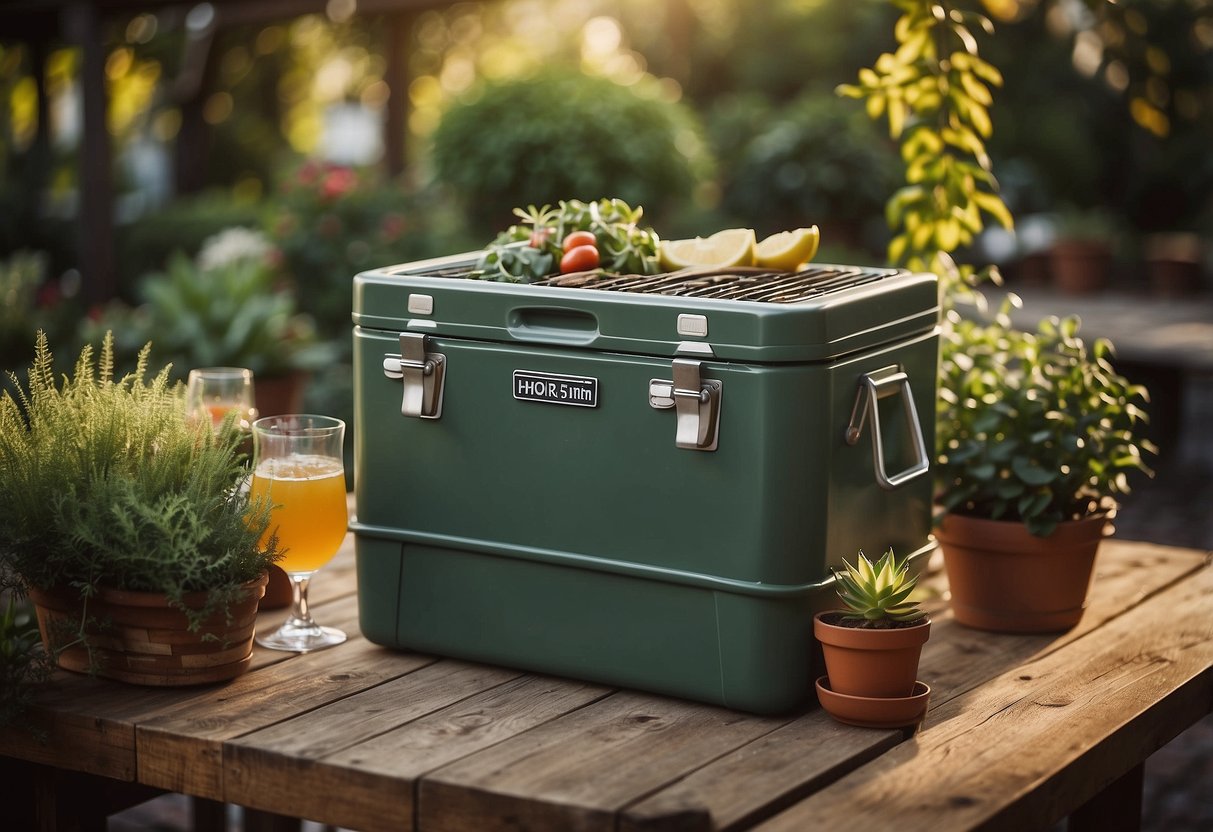 A vintage metal cooler sits on a wooden garden bar, surrounded by BBQ tools and potted plants. The scene exudes a rustic and inviting atmosphere