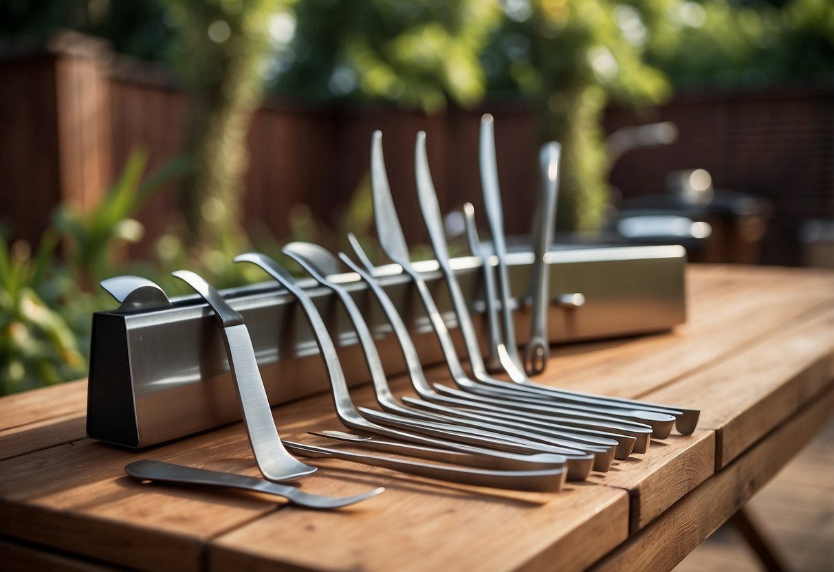 A set of stainless steel grill tools arranged on a wooden table in a garden bar, with BBQ ideas displayed in the background