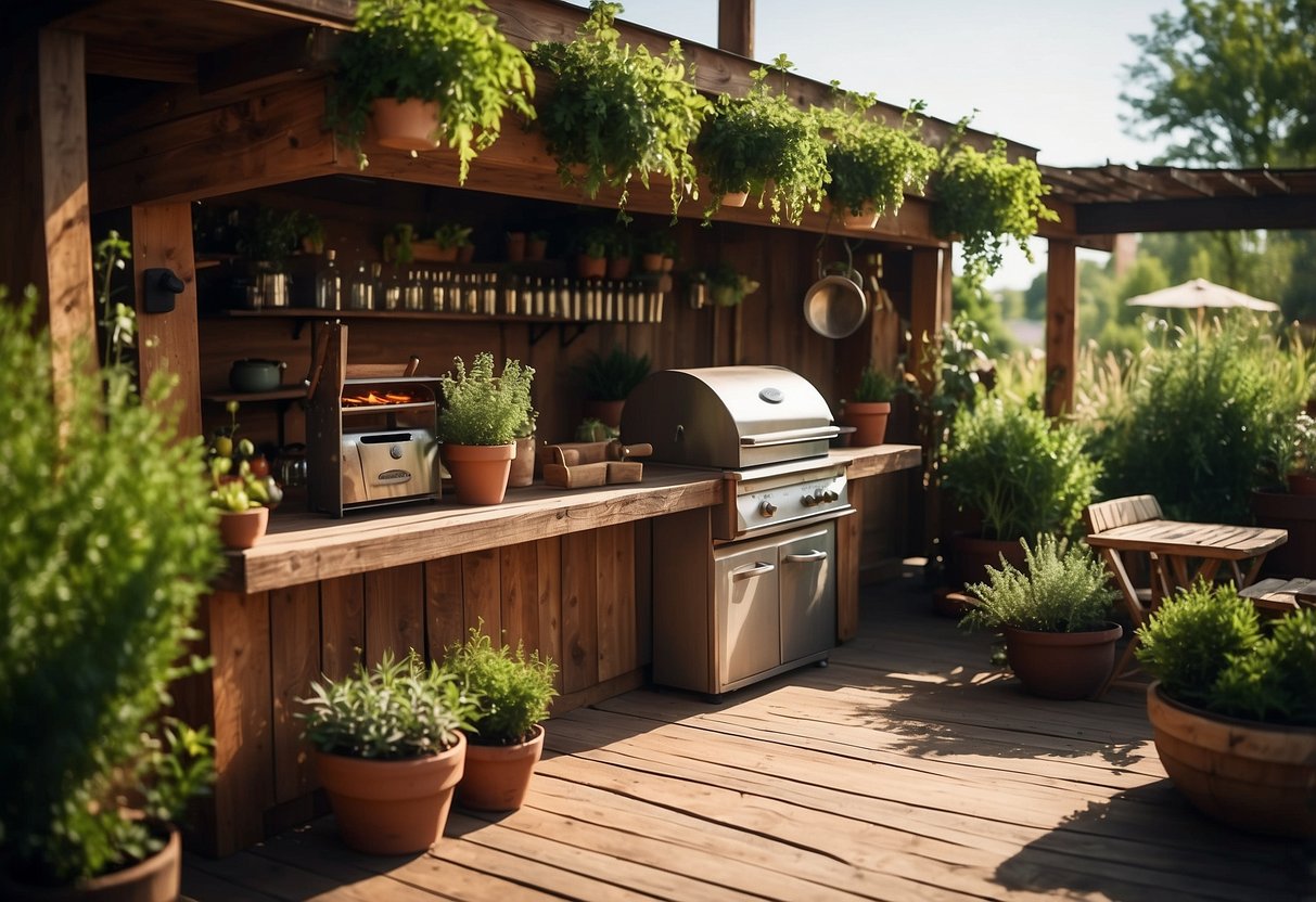 A rustic wooden bar surrounded by potted herbs, with a BBQ grill nearby. The sun shines down on the vibrant green plants, creating a cozy and inviting atmosphere