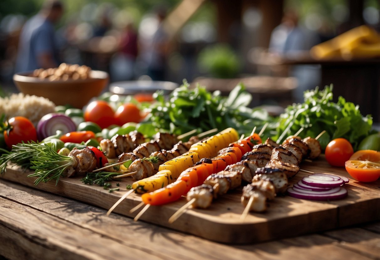 A colorful array of fresh herbs and vegetables surround a rustic outdoor bar, where sizzling BBQ skewers and grilled meats await eager diners