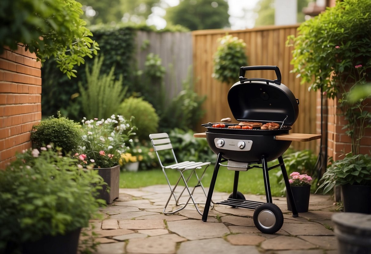 A cozy corner brick BBQ nestled in a lush garden, surrounded by greenery and flowers, with a small table and chairs nearby