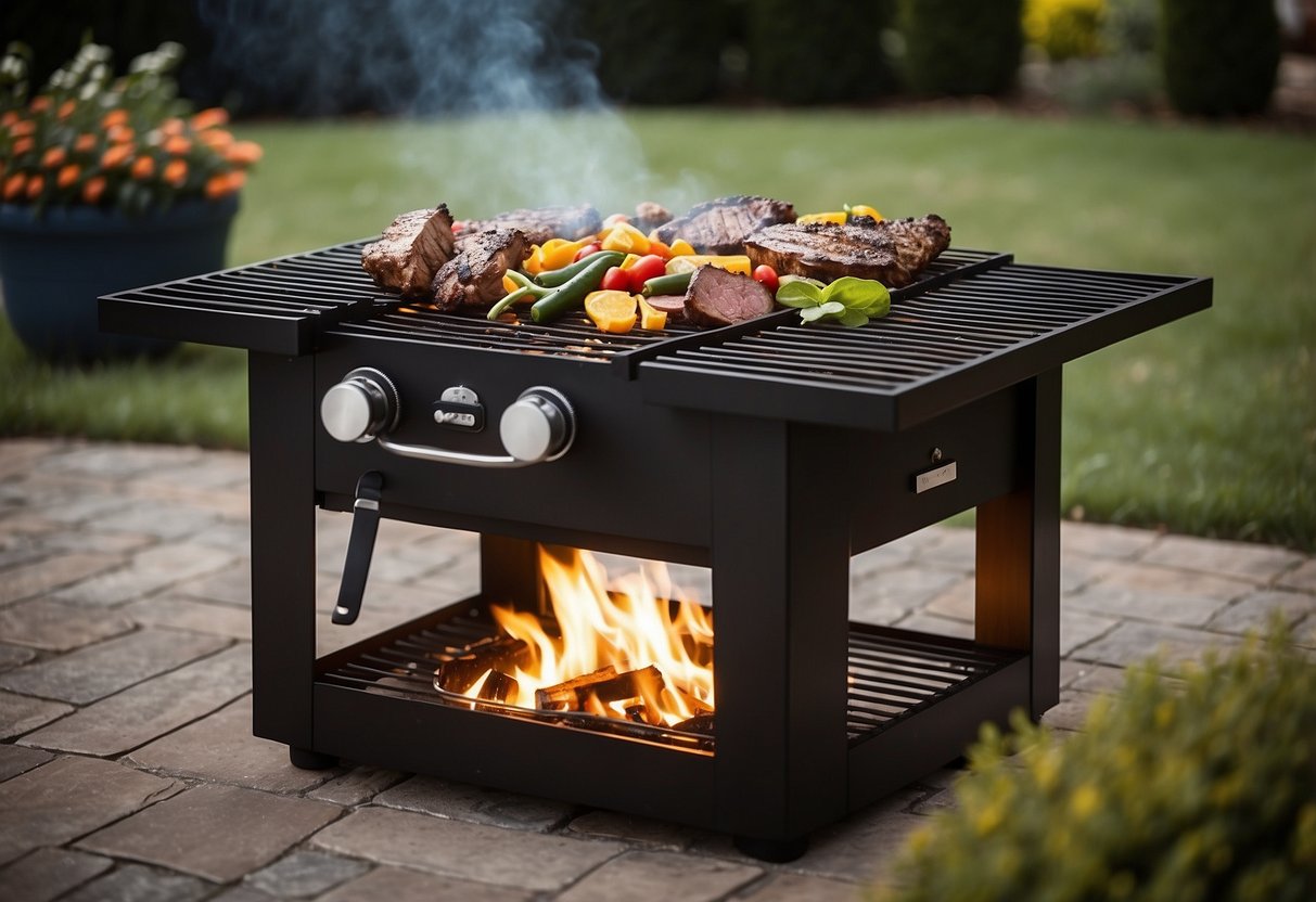 A BBQ grill island with a fire pit surrounded by a garden, featuring brick BBQ ideas