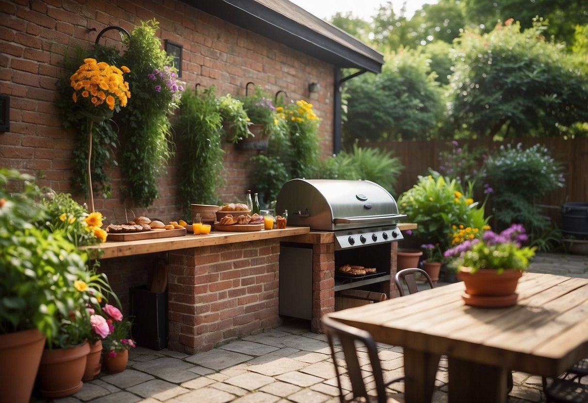 A rustic brick BBQ stands in a garden next to a prep table, surrounded by lush greenery and colorful flowers