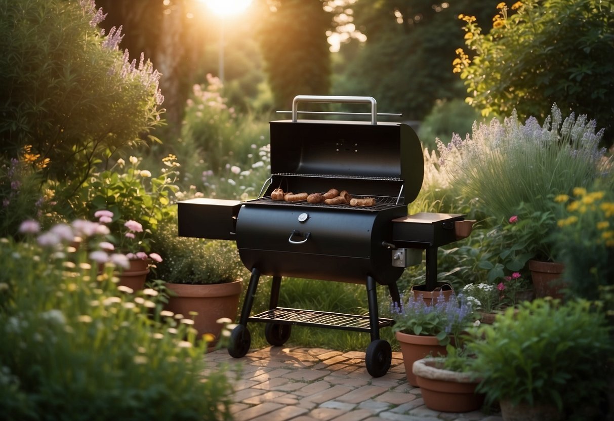 A rustic brick BBQ smoker nestled in a lush garden, surrounded by flowering plants and herbs, with a warm, inviting glow emanating from the fire within