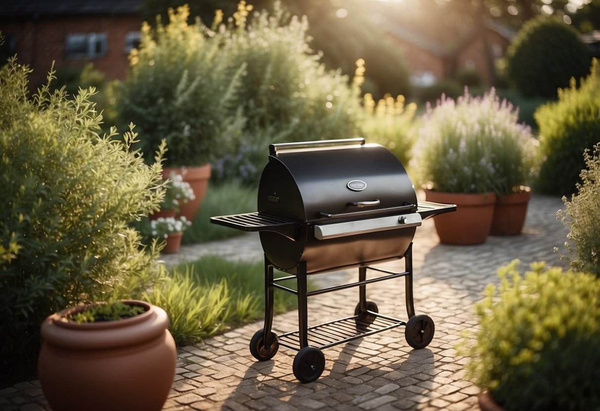 A brick BBQ stands in a garden, surrounded by fragrant herbs