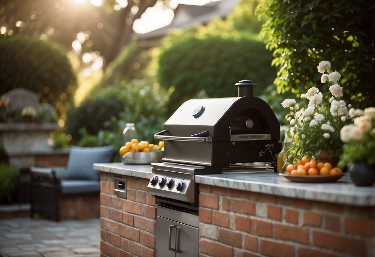 An elegant brick BBQ with a marble countertop sits in a lush garden, surrounded by greenery and flowers