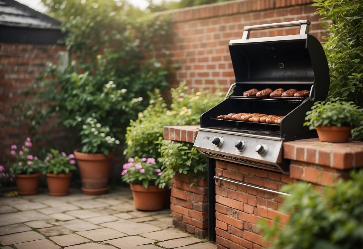 A vintage brick BBQ stands in a lush roof garden, surrounded by greenery and flowers. The BBQ is weathered and rustic, with a charming and inviting appearance