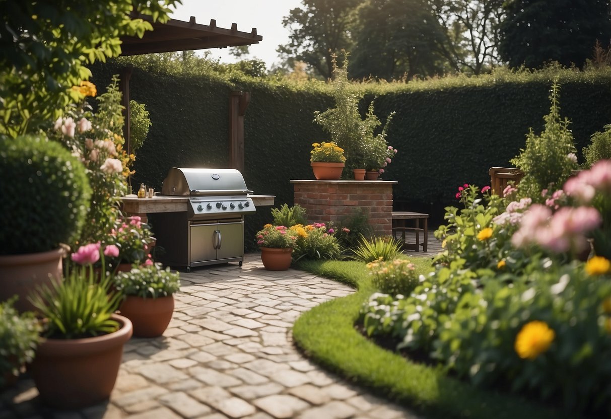 A spacious backyard with a neatly arranged garden featuring a brick BBQ area surrounded by lush greenery and colorful flowers